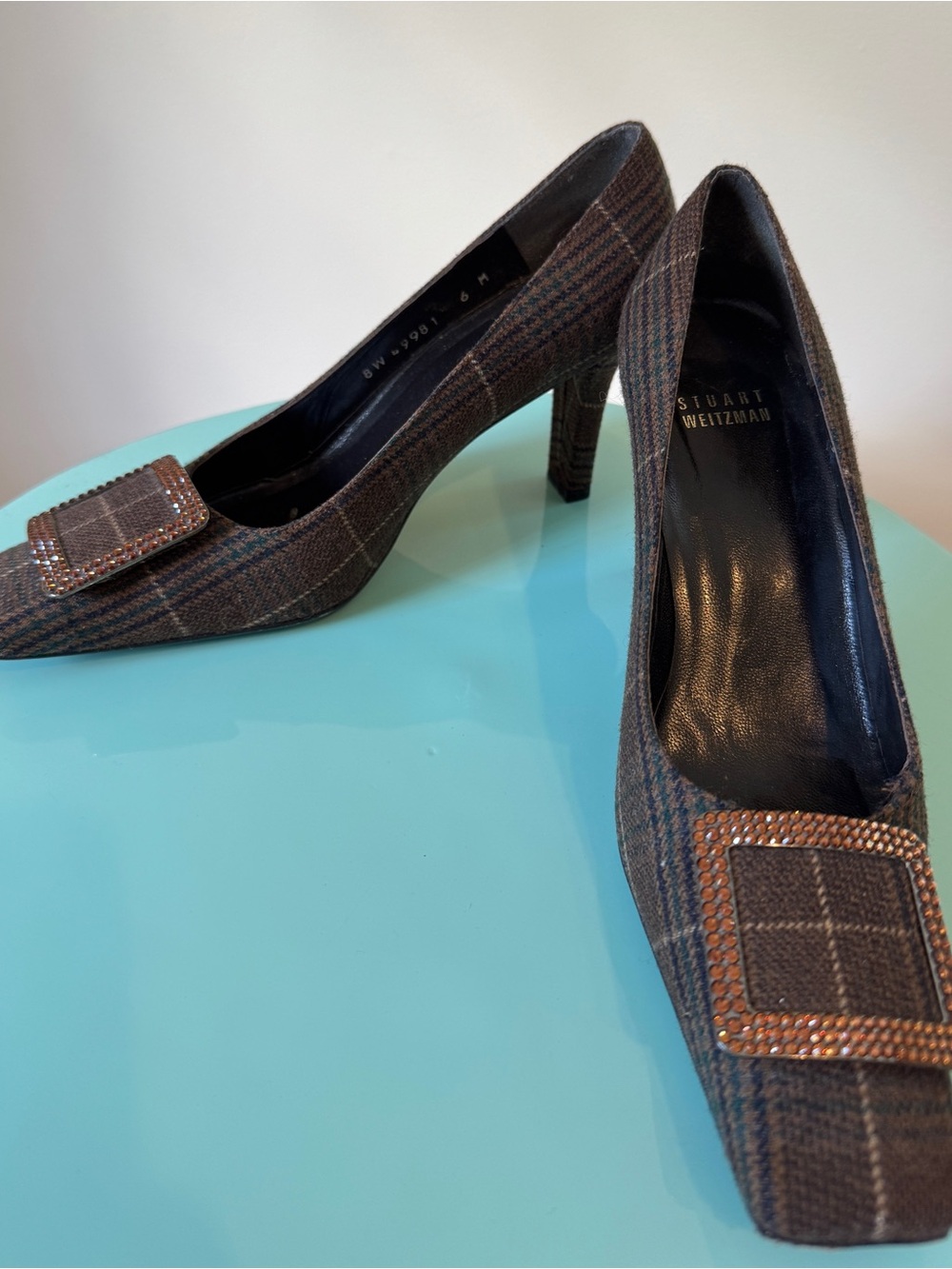 Vintage Stuart Weitzman Brown Plaid Crystal Buckle Pumps- Size 6 M